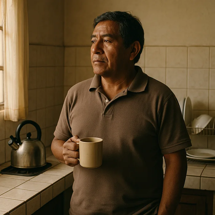 Hombre de más de 50 años con energía en la mañana tras recuperar el descanso nocturno