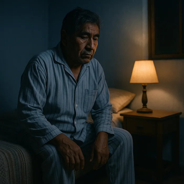 Hombre de 55 años sentado en la cama de noche por las ganas de orinar causadas por la próstata